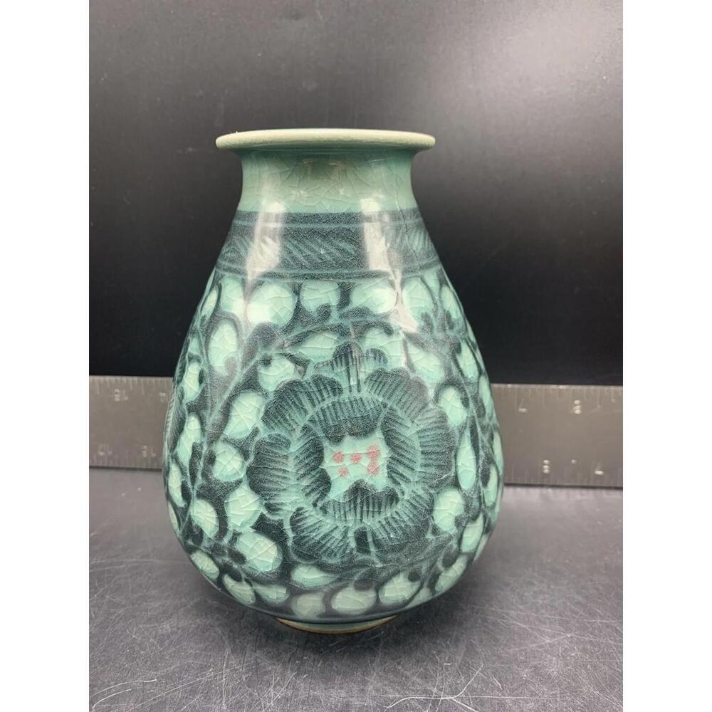 Korean Celadon Green Porcelain Ceramic Art Pottery Flower Art Pottery Asian Vase - Picture 9 of 10